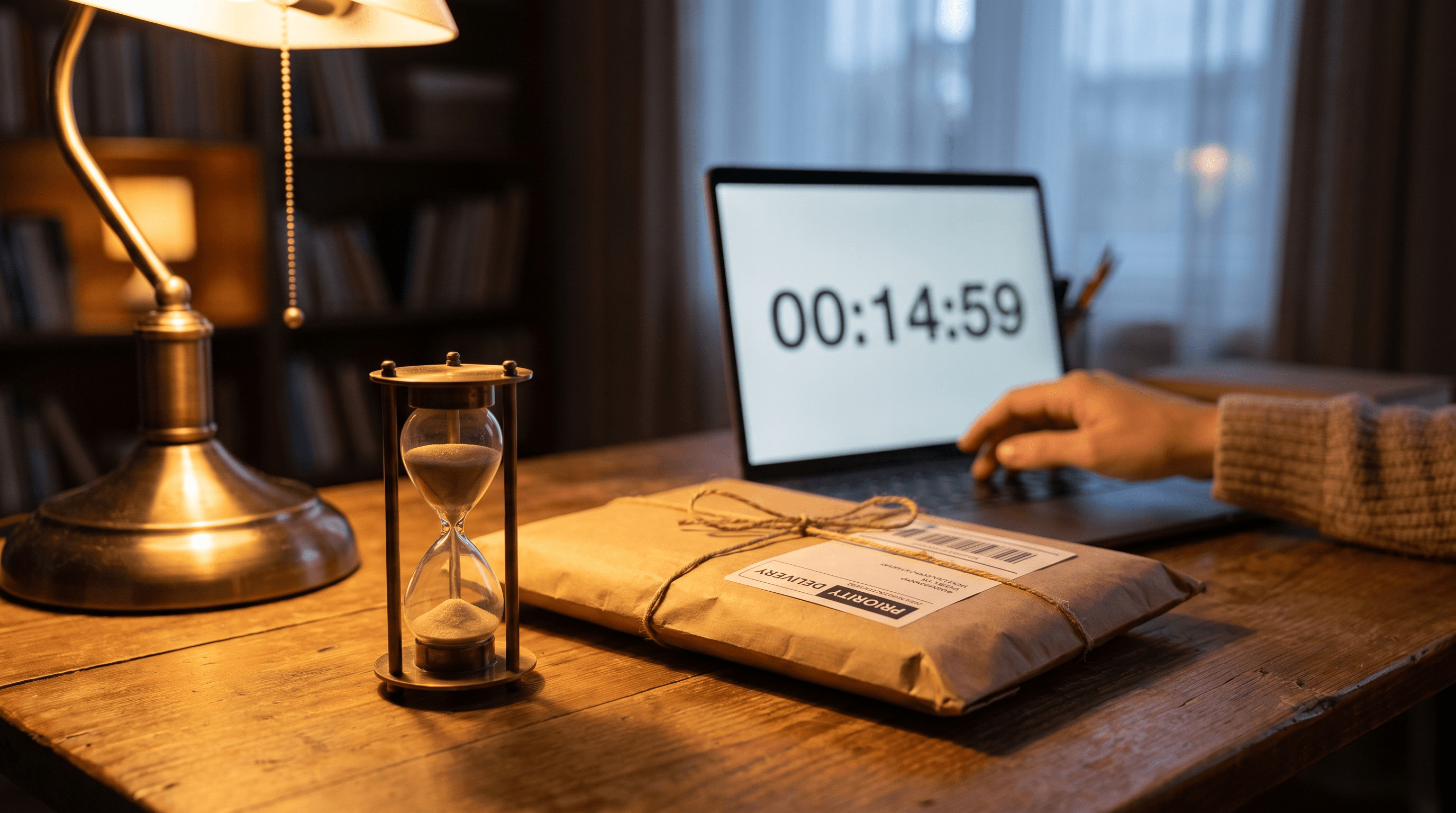 Hourglass and countdown timer next to a wrapped package on a desk