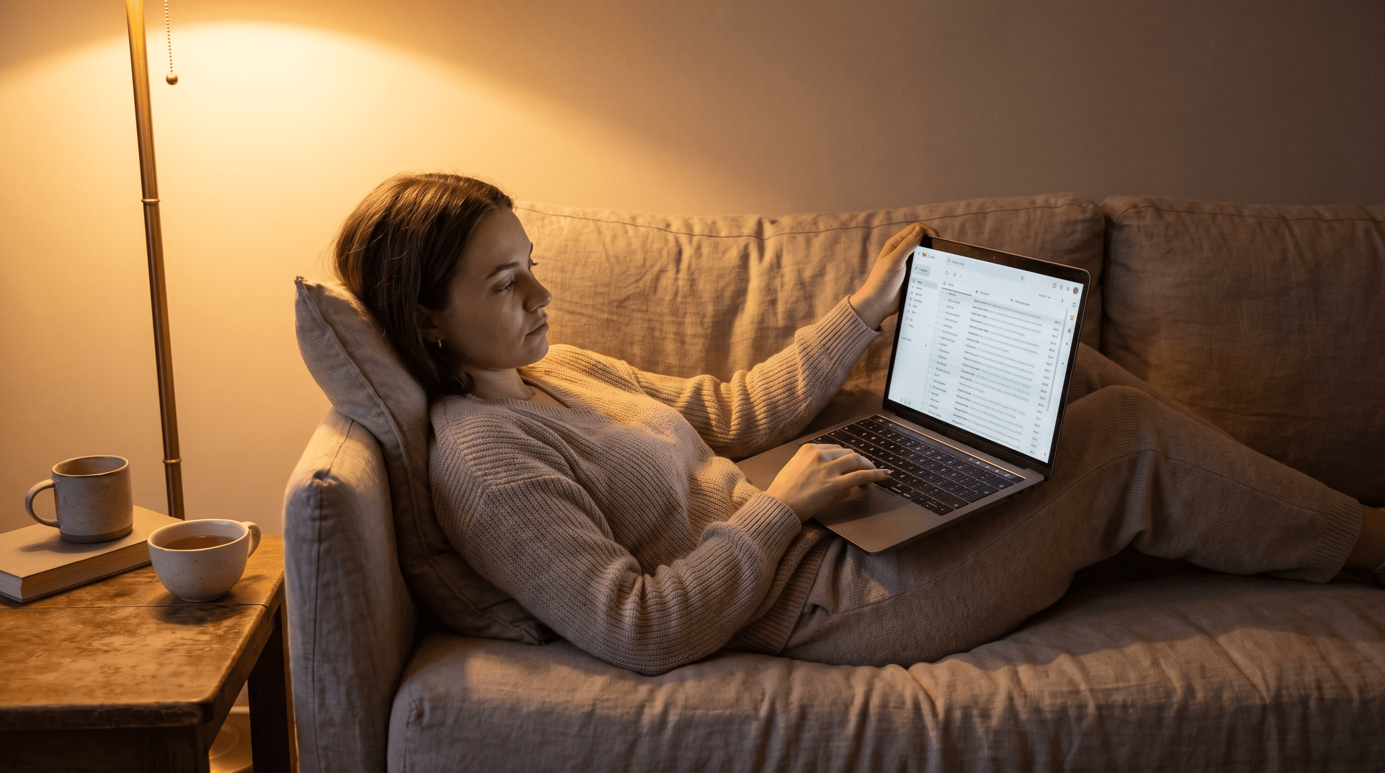 Shopper scrolling past promotional emails on a laptop, unimpressed