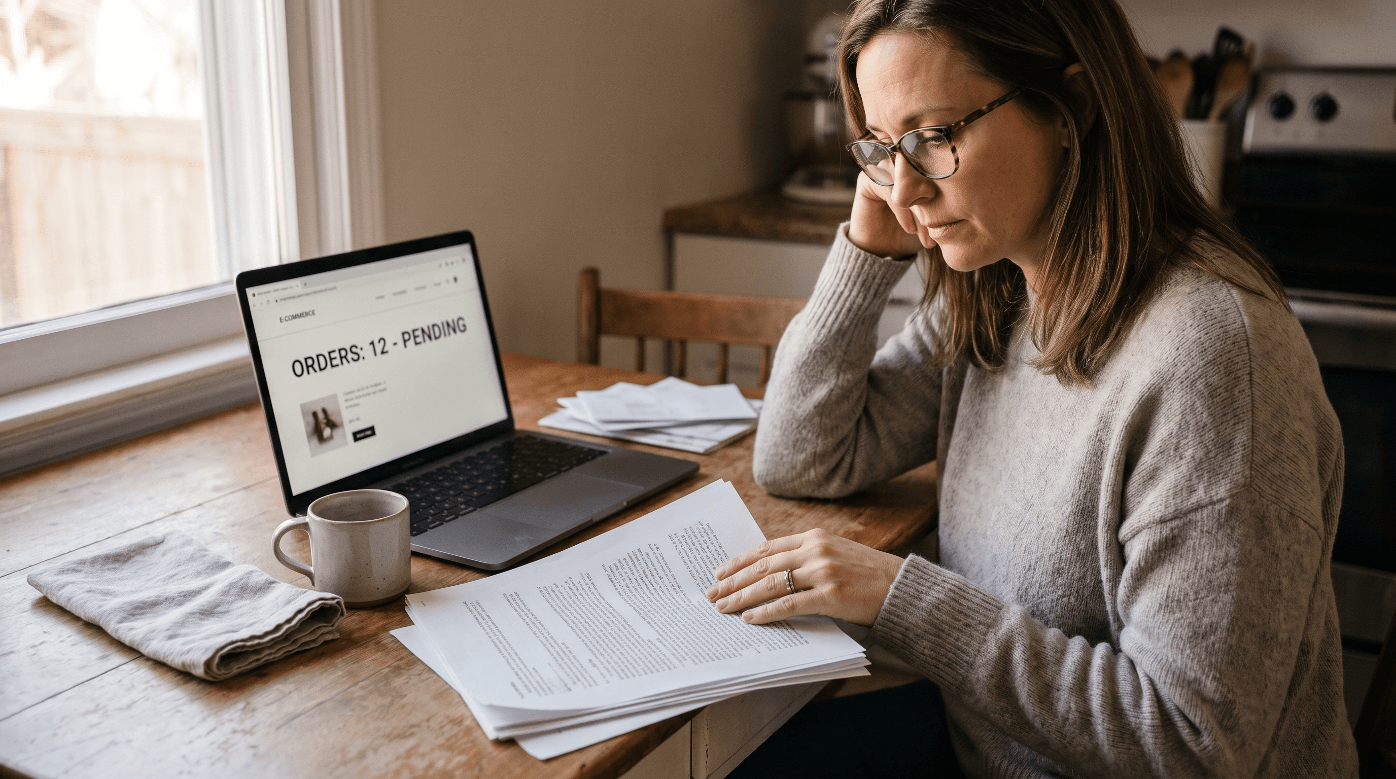 Shopify merchant at a kitchen table reading a printed policy document beside a laptop showing a generic order dashboard, coffee cooling nearby