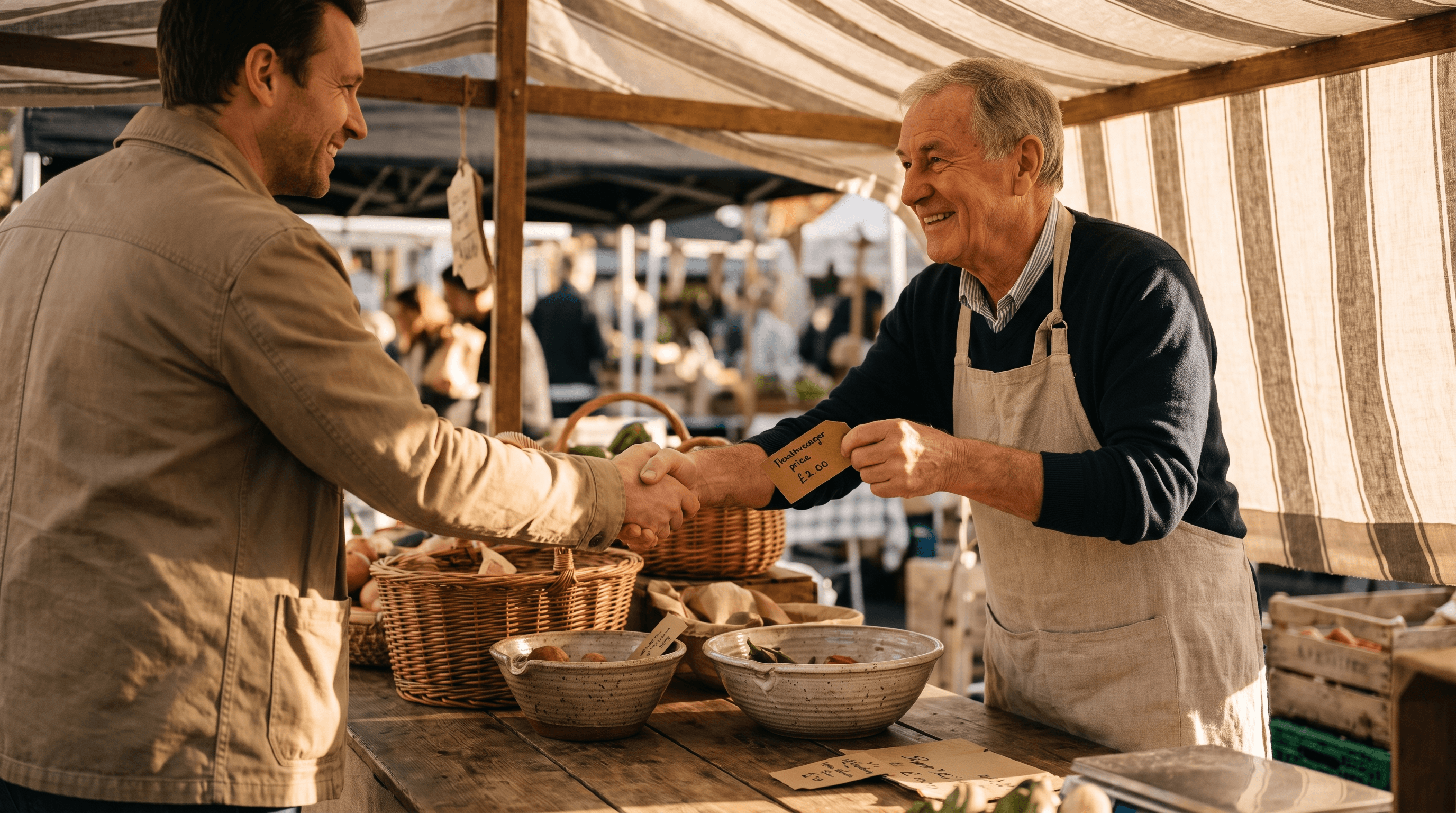 Shopkeeper and customer shaking hands over a single price tag at a market stall
