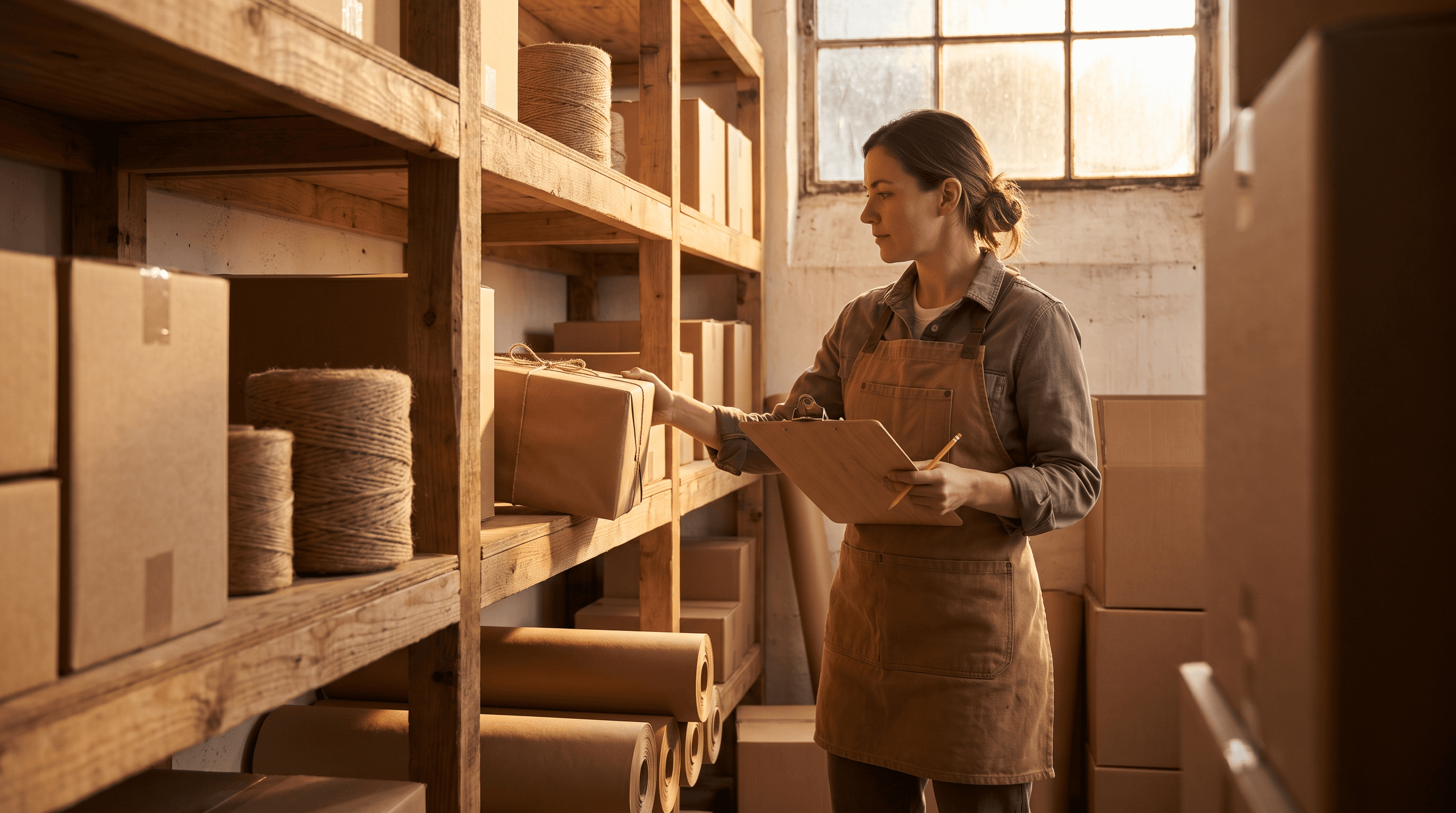 Shop owner organizing labeled inventory boxes on warehouse shelving with a clipboard
