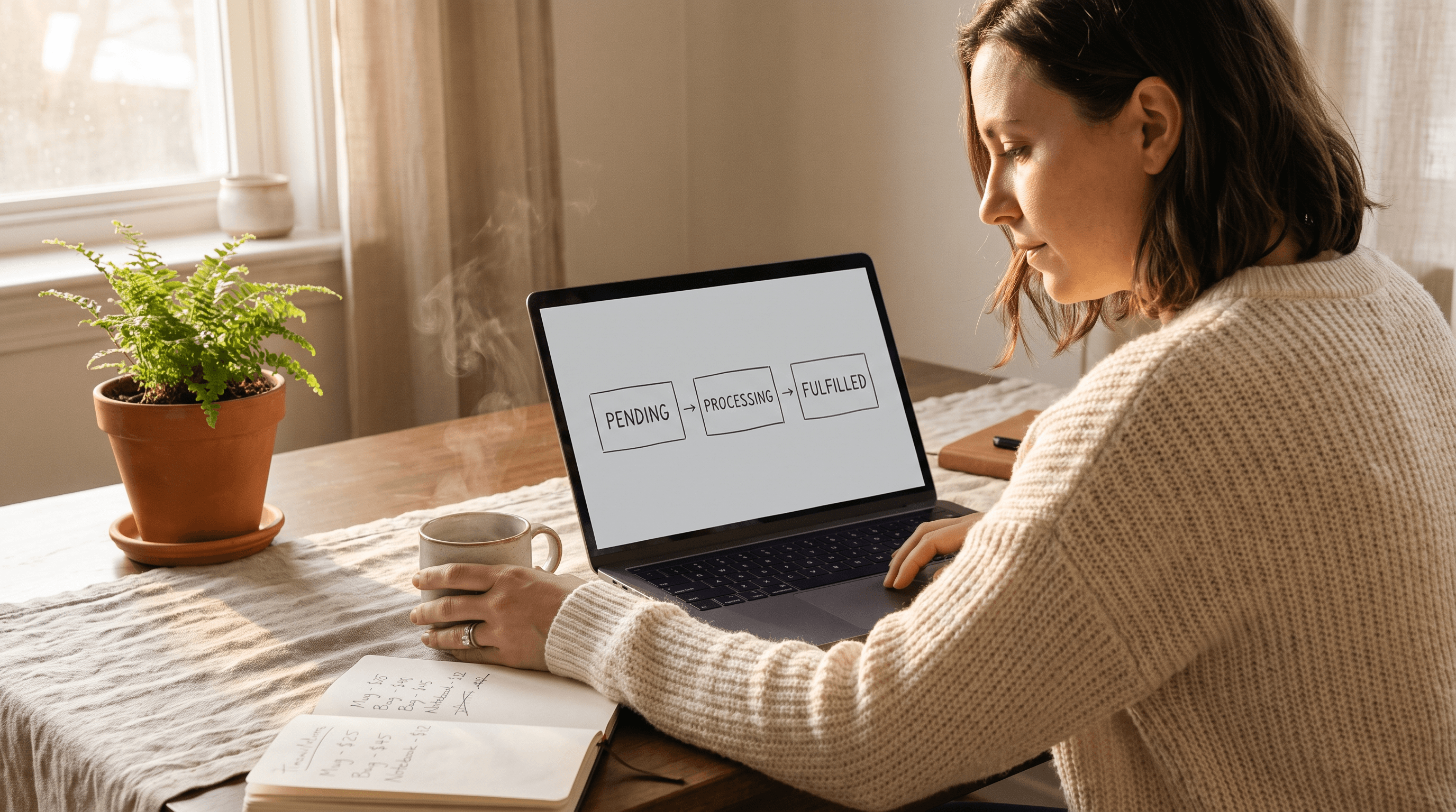 Merchant reviewing a simple pending-processing-fulfilled status flow on a laptop