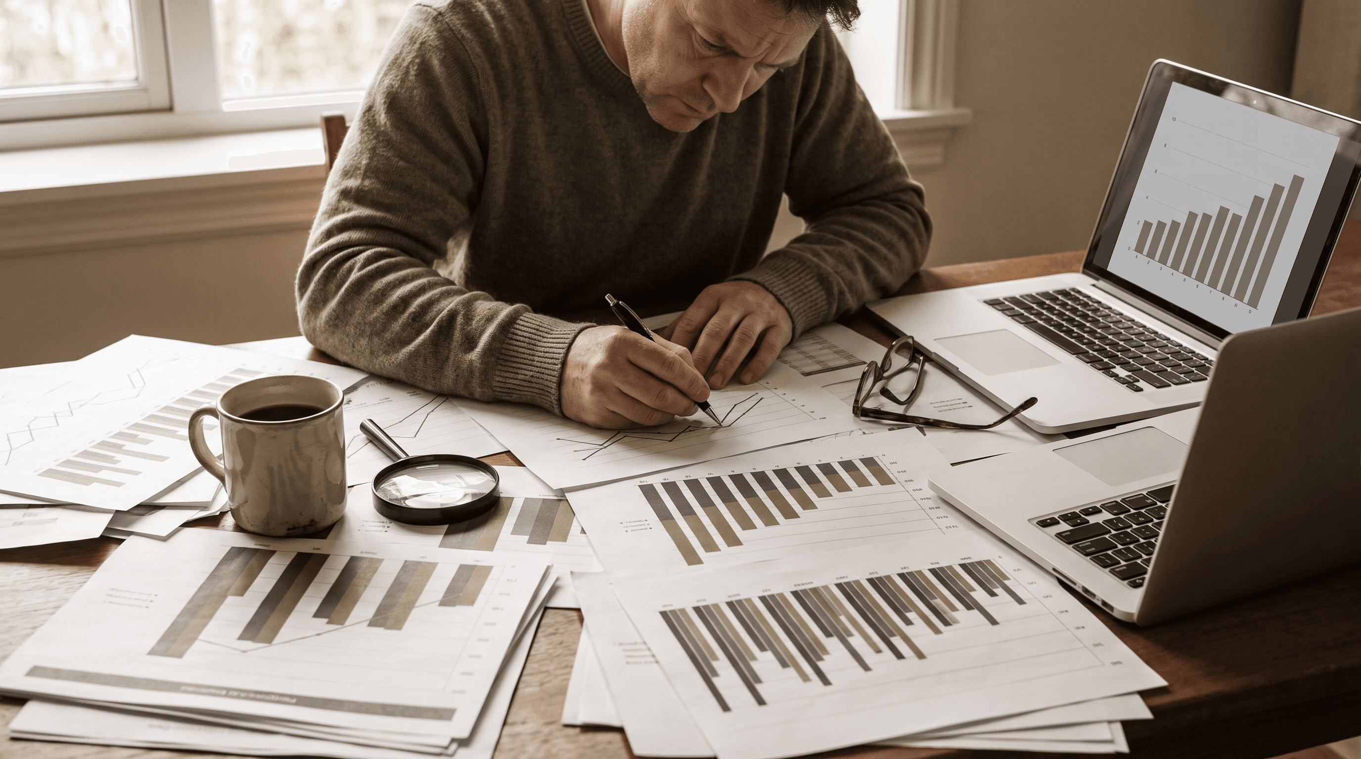 Analyst reviewing printed market data charts at a desk