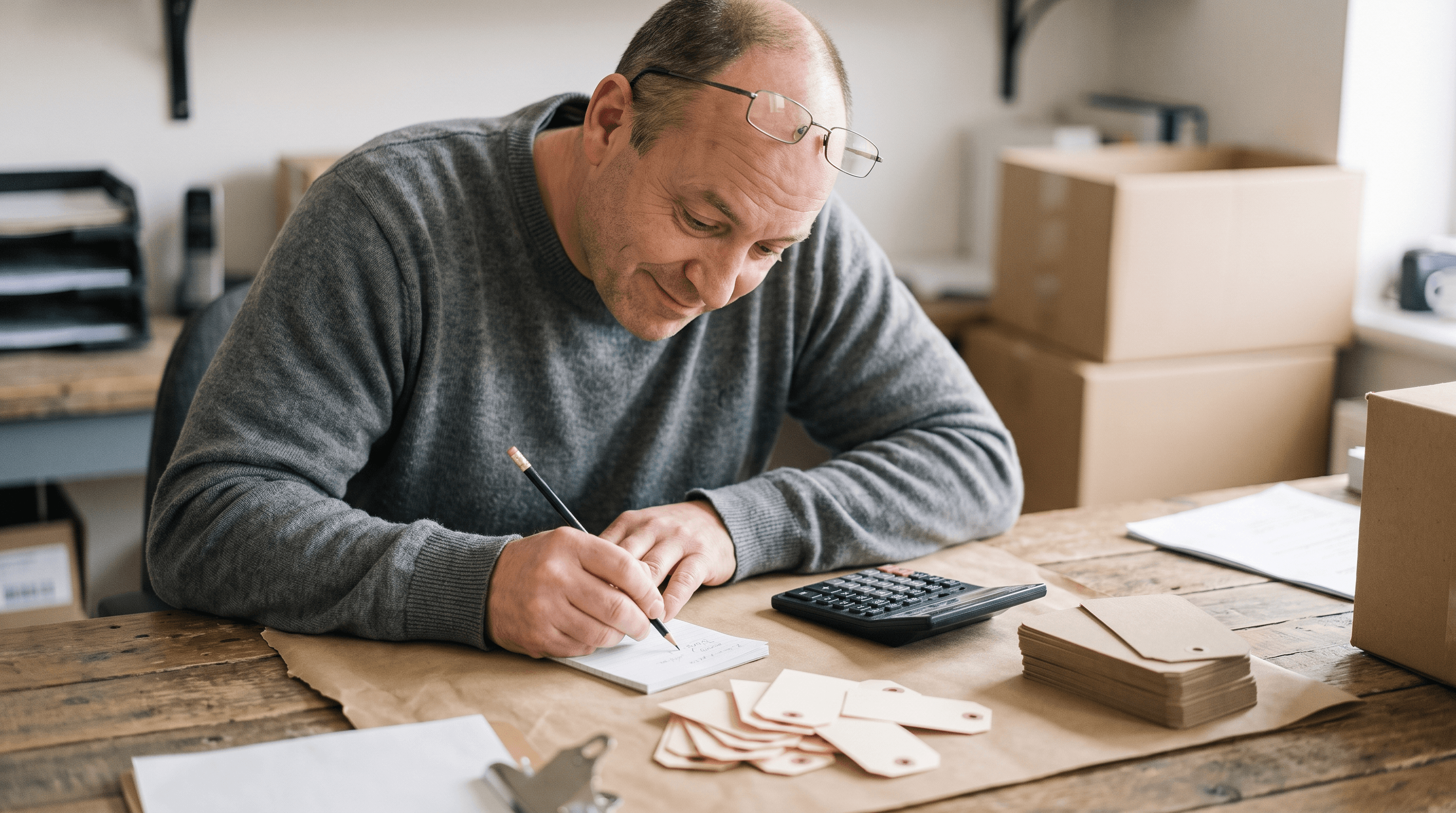 Merchant checking discount percentage math on a notepad and calculator
