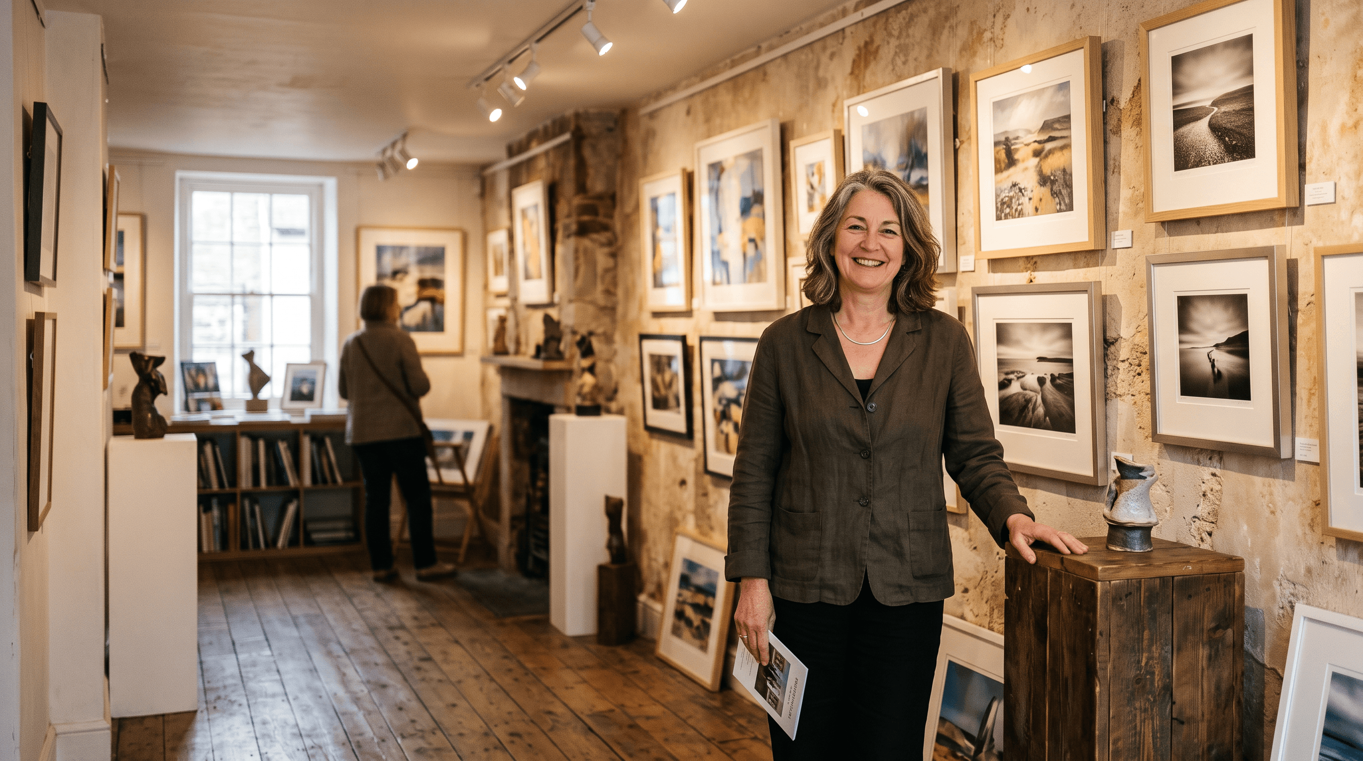 Gallery owner standing proudly among framed artwork in her shop
